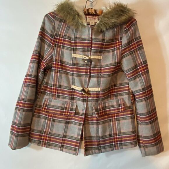 Brown With Red and black plaid fur trimmed Hood  Small - Picture 1 of 10